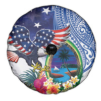 Guam and United States Together Spare Tire Cover Bald Eagle and Guam Seal with Flower and Tribal Tattoos LT03 - Polynesian Pride