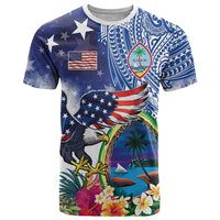 Guam and United States Together T Shirt Bald Eagle and Guam Seal with Flower and Tribal Tattoos LT03 Multicolor - Polynesian Pride