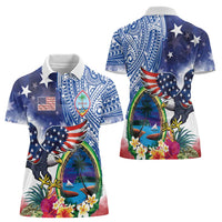 Guam and United States Together Women Polo Shirt Bald Eagle and Guam Seal with Flower and Tribal Tattoos LT03 - Polynesian Pride