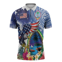 Guam and United States Together Zipper Polo Shirt Bald Eagle and Guam Seal with Flower and Tribal Tattoos LT03 Multicolor - Polynesian Pride