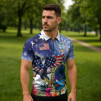 Guam and United States Together Zipper Polo Shirt Bald Eagle and Guam Seal with Flower and Tribal Tattoos LT03 - Polynesian Pride