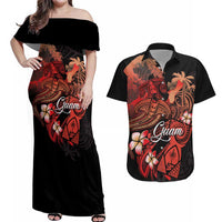 Guam Tribal Chamorro Couples Matching Off Shoulder Maxi Dress and Hawaiian Shirt Polynesian Shark with Plumeria and Sea Vibe LT03 Black - Polynesian Pride