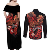 Guam Tribal Chamorro Couples Matching Off Shoulder Maxi Dress and Long Sleeve Button Shirt Polynesian Shark with Plumeria and Sea Vibe LT03 - Polynesian Pride