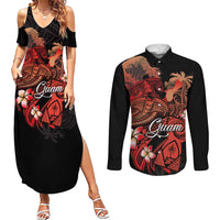 Guam Tribal Chamorro Couples Matching Summer Maxi Dress and Long Sleeve Button Shirt Polynesian Shark with Plumeria and Sea Vibe LT03 Black - Polynesian Pride