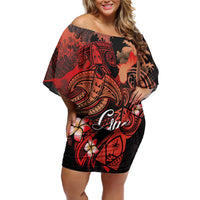 Guam Tribal Chamorro Off Shoulder Short Dress Polynesian Shark with Plumeria and Sea Vibe - Polynesian Pride