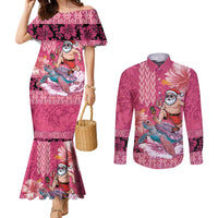 Hawaii Mele Kalikimaka Couples Matching Mermaid Dress and Long Sleeve Button Shirt Funny Santa with Tribal Tattoos Kakau Pink Color LT03 Pink - Polynesian Pride