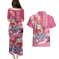 Hawaii Mele Kalikimaka Couples Matching Puletasi and Hawaiian Shirt Funny Santa with Tribal Tattoos Kakau Pink Color LT03 - Polynesian Pride