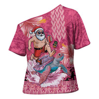 Hawaii Mele Kalikimaka Cross Shoulder Shirt Funny Santa with Tribal Tattoos Kakau Pink Color LT03 - Polynesian Pride