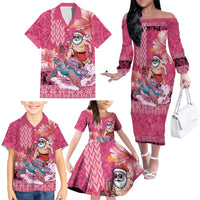 Hawaii Mele Kalikimaka Family Matching Off The Shoulder Long Sleeve Dress and Hawaiian Shirt Funny Santa with Tribal Tattoos Kakau Pink Color LT03 - Polynesian Pride