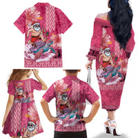 Hawaii Mele Kalikimaka Family Matching Off The Shoulder Long Sleeve Dress and Hawaiian Shirt Funny Santa with Tribal Tattoos Kakau Pink Color LT03 - Polynesian Pride