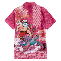 Hawaii Mele Kalikimaka Family Matching Off Shoulder Short Dress and Hawaiian Shirt Funny Santa with Tribal Tattoos Kakau Pink Color LT03 - Polynesian Pride