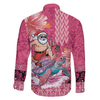 Hawaii Mele Kalikimaka Family Matching Off Shoulder Short Dress and Hawaiian Shirt Funny Santa with Tribal Tattoos Kakau Pink Color LT03 - Polynesian Pride