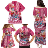 Hawaii Mele Kalikimaka Family Matching Puletasi and Hawaiian Shirt Funny Santa with Tribal Tattoos Kakau Pink Color LT03 - Polynesian Pride