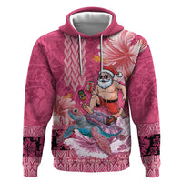 Hawaii Mele Kalikimaka Hoodie Funny Santa with Tribal Tattoos Kakau Pink Color LT03 Pullover Hoodie Pink - Polynesian Pride