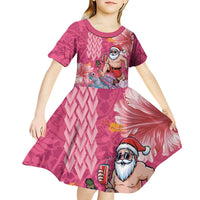 Hawaii Mele Kalikimaka Kid Short Sleeve Dress Funny Santa with Tribal Tattoos Kakau Pink Color LT03 - Polynesian Pride