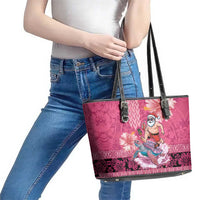 Hawaii Mele Kalikimaka Leather Tote Bag Funny Santa with Tribal Tattoos Kakau Pink Color - Polynesian Pride