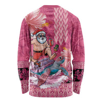 Hawaii Mele Kalikimaka Long Sleeve Shirt Funny Santa with Tribal Tattoos Kakau Pink Color LT03 - Polynesian Pride