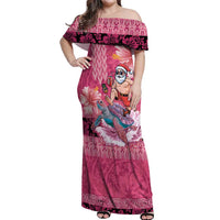 Hawaii Mele Kalikimaka Off Shoulder Maxi Dress Funny Santa with Tribal Tattoos Kakau Pink Color LT03 Women Pink - Polynesian Pride