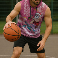 Hawaii Mele Kalikimaka Sleeveless Hoodie Funny Santa with Tribal Tattoos Kakau Pink Color LT03 - Polynesian Pride