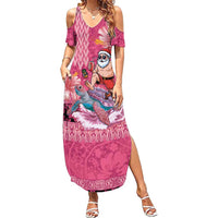 Hawaii Mele Kalikimaka Summer Maxi Dress Funny Santa with Tribal Tattoos Kakau Pink Color LT03 Women Pink - Polynesian Pride