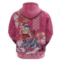 Hawaii Mele Kalikimaka Zip Hoodie Funny Santa with Tribal Tattoos Kakau Pink Color LT03 - Polynesian Pride
