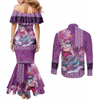 Hawaii Mele Kalikimaka Couples Matching Mermaid Dress and Long Sleeve Button Shirt Funny Santa with Tribal Tattoos Kakau Purple Color LT03 - Polynesian Pride