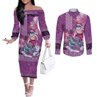 Hawaii Mele Kalikimaka Couples Matching Off The Shoulder Long Sleeve Dress and Long Sleeve Button Shirt Funny Santa with Tribal Tattoos Kakau Purple Color LT03 Purple - Polynesian Pride