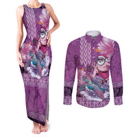 Hawaii Mele Kalikimaka Couples Matching Tank Maxi Dress and Long Sleeve Button Shirt Funny Santa with Tribal Tattoos Kakau Purple Color LT03 Purple - Polynesian Pride