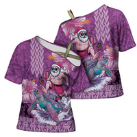 Hawaii Mele Kalikimaka Cross Shoulder Shirt Funny Santa with Tribal Tattoos Kakau Purple Color LT03 - Polynesian Pride
