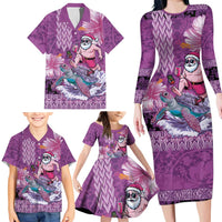 Hawaii Mele Kalikimaka Family Matching Long Sleeve Bodycon Dress and Hawaiian Shirt Funny Santa with Tribal Tattoos Kakau Purple Color LT03 - Polynesian Pride