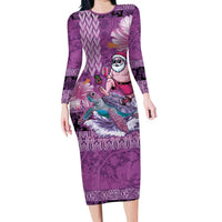 Hawaii Mele Kalikimaka Family Matching Long Sleeve Bodycon Dress and Hawaiian Shirt Funny Santa with Tribal Tattoos Kakau Purple Color LT03 Mom's Dress Purple - Polynesian Pride