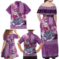 Hawaii Mele Kalikimaka Family Matching Off Shoulder Maxi Dress and Hawaiian Shirt Funny Santa with Tribal Tattoos Kakau Purple Color LT03 - Polynesian Pride