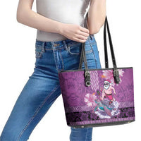 Hawaii Mele Kalikimaka Leather Tote Bag Funny Santa with Tribal Tattoos Kakau Purple Color LT03 - Polynesian Pride