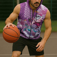 Hawaii Mele Kalikimaka Sleeveless Zip Hoodie Funny Santa with Tribal Tattoos Kakau Purple Color LT03 - Polynesian Pride