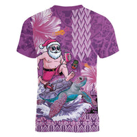 Hawaii Mele Kalikimaka Women V-Neck T-Shirt Funny Santa with Tribal Tattoos Kakau Purple Color LT03 - Polynesian Pride