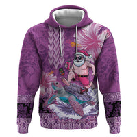 Hawaii Mele Kalikimaka Zip Hoodie Funny Santa with Tribal Tattoos Kakau Purple Color LT03 Pullover Hoodie Purple - Polynesian Pride