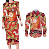 Hawaii Santa Mele Kalikimaka Couples Matching Long Sleeve Bodycon Dress and Long Sleeve Button Shirt Tropical Puakenikeni Lei with Polynesian Tribal Pattern LT03 Red - Polynesian Pride