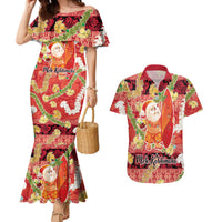 Hawaii Santa Mele Kalikimaka Couples Matching Mermaid Dress and Hawaiian Shirt Tropical Puakenikeni Lei with Polynesian Tribal Pattern LT03 Red - Polynesian Pride