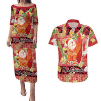 Hawaii Santa Mele Kalikimaka Couples Matching Puletasi and Hawaiian Shirt Tropical Puakenikeni Lei with Polynesian Tribal Pattern LT03 Red - Polynesian Pride