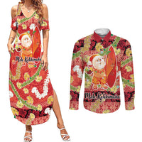 Hawaii Santa Mele Kalikimaka Couples Matching Summer Maxi Dress and Long Sleeve Button Shirt Tropical Puakenikeni Lei with Polynesian Tribal Pattern LT03 Red - Polynesian Pride