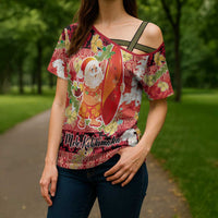Hawaii Santa Mele Kalikimaka Cross Shoulder Shirt Tropical Puakenikeni Lei with Polynesian Tribal Pattern - Polynesian Pride