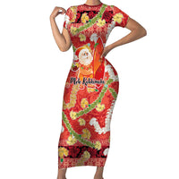 Hawaii Santa Mele Kalikimaka Family Matching Short Sleeve Bodycon Dress and Hawaiian Shirt Tropical Puakenikeni Lei with Polynesian Tribal Pattern LT03 Red - Polynesian Pride