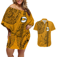 Nanakuli High and Intermediate School Couples Matching Off Shoulder Short Dress and Hawaiian Shirt Tribal Kakau Pattern LT03 Yellow - Polynesian Pride