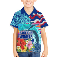 Hawaii Race For Whales Family Matching Off Shoulder Short Dress and Hawaiian Shirt Flag and Polynesian Hibiscus LT03 Son's Shirt Blue - Polynesian Pride