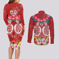 Polynesian Valentine Day Couples Matching Long Sleeve Bodycon Dress and Long Sleeve Button Shirt Love Couple Turtle Maori Hibiscus Red Style LT03 - Polynesian Pride