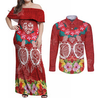 Polynesian Valentine Day Couples Matching Off Shoulder Maxi Dress and Long Sleeve Button Shirt Love Couple Turtle Maori Hibiscus Red Style LT03 Red - Polynesian Pride