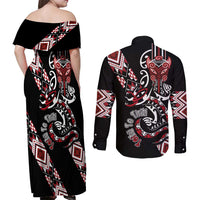 Aotearoa Toitu Te Tiriti-Honour the Treaty Couples Matching Off Shoulder Maxi Dress and Long Sleeve Button Shirt Maori Taniwha Haka with Taniko and Tukutuku LT03 - Polynesian Pride