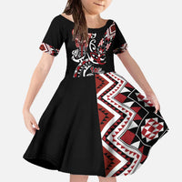 Aotearoa Toitu Te Tiriti-Honour the Treaty Family Matching Off The Shoulder Long Sleeve Dress and Hawaiian Shirt Maori Taniwha Haka with Taniko and Tukutuku LT03 Daughter's Dress Black - Polynesian Pride
