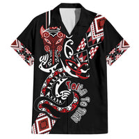 Aotearoa Toitu Te Tiriti-Honour the Treaty Family Matching Off The Shoulder Long Sleeve Dress and Hawaiian Shirt Maori Taniwha Haka with Taniko and Tukutuku LT03 Dad's Shirt - Short Sleeve Black - Polynesian Pride