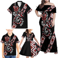 Aotearoa Toitu Te Tiriti-Honour the Treaty Family Matching Off Shoulder Maxi Dress and Hawaiian Shirt Maori Taniwha Haka with Taniko and Tukutuku LT03 - Polynesian Pride